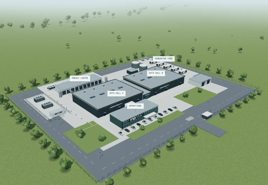 Illustrative campus showing data halls, cooling plant, a generator yard and operations building